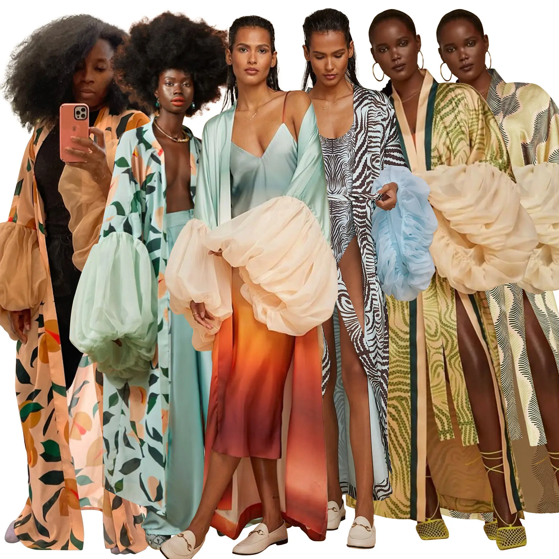 Females' Loose Fit Long Sleeve Leaf Print Polyester Kimono Cover Up - Free Size Swimsuit Coverup, Beachwear Duster Cardigan for Holiday Sun Protection, Duster Coat, Leaf Prints, Blue Orange Gradient, Casual, Swimwear Cover Up