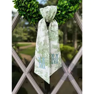 Personalized Wreath Sash in Green Toile Fabric for mom, grandmother, aunt, sister and teacher gift, front door sash wreath sash, monogram door decor
