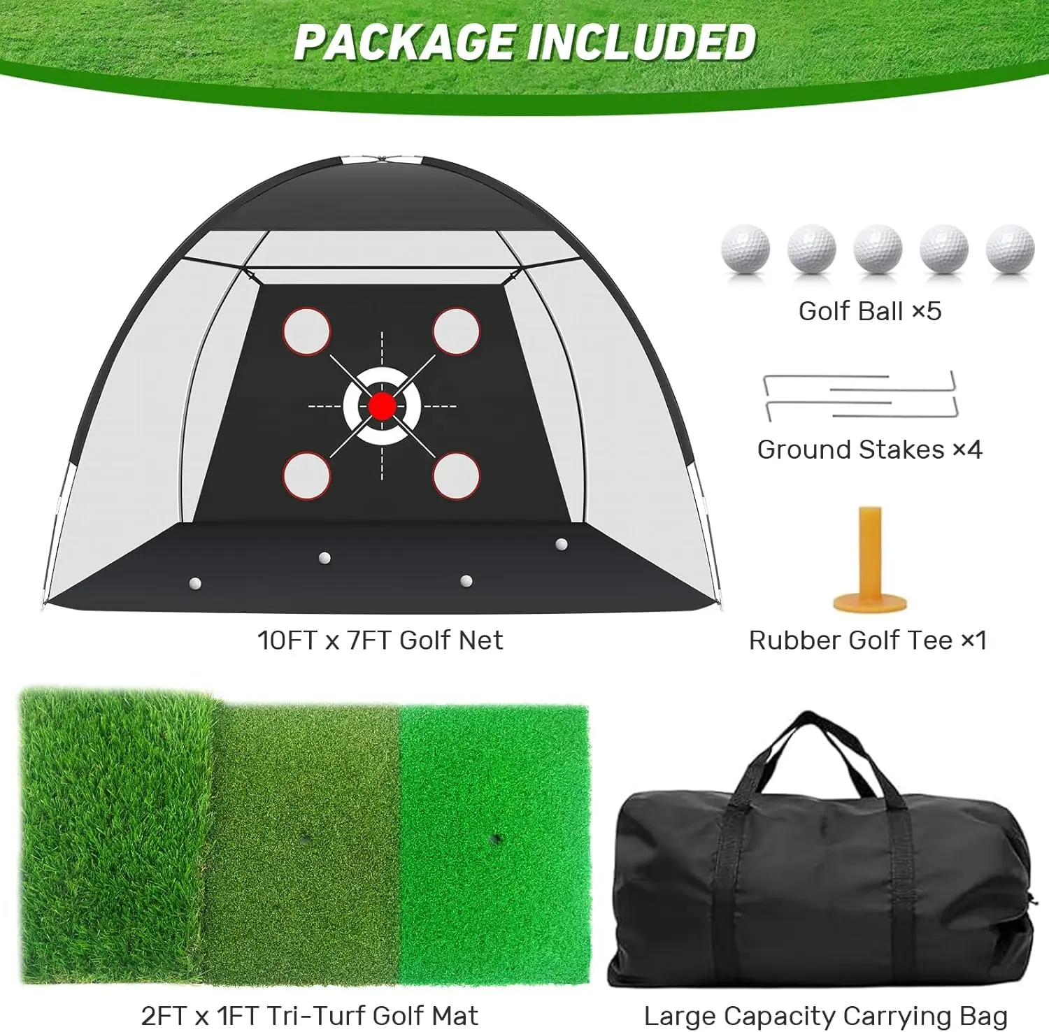 10x7ft Golf Practice Equipment Set, Portable Hitting Net with Fiberglass Frame & Nylon Net, Includes Target & Mat for Indoor/Backyard Driving