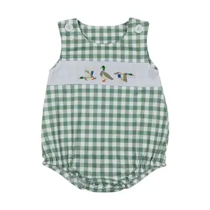 Boys' Green and White Checkered Casual Bodysuit - Embroidered Duck Detail Kids' Fashion Top