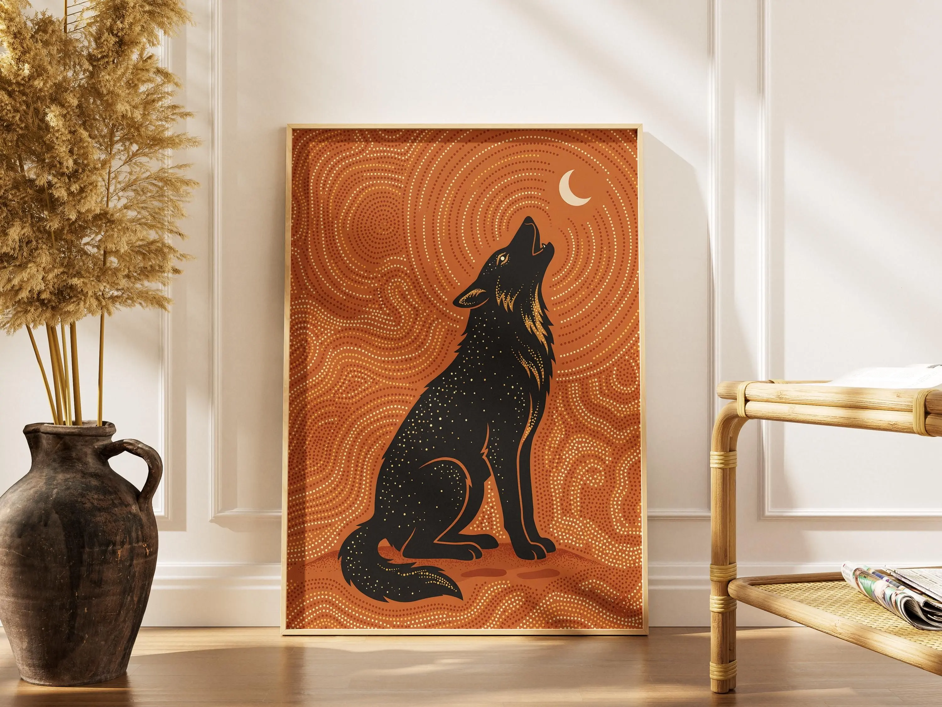 [SALE UP TO 40%] [Unframed] Wolf Wall Art Print, Howling Silhouette, Burnt Sienna Folk Style, Spirit Animal, Southwest Boho, Minimalist, Gift for Him