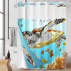 1PC/4PCS 2D Flat Printing Blue and Yellow Sea Turtle Swimming Underwater Patterned shower curtain, home bathroom decor, shower curtain set with 12 hooks, non-slip bathroom rug, U-shaped toilet seat cover, toilet seat mat.