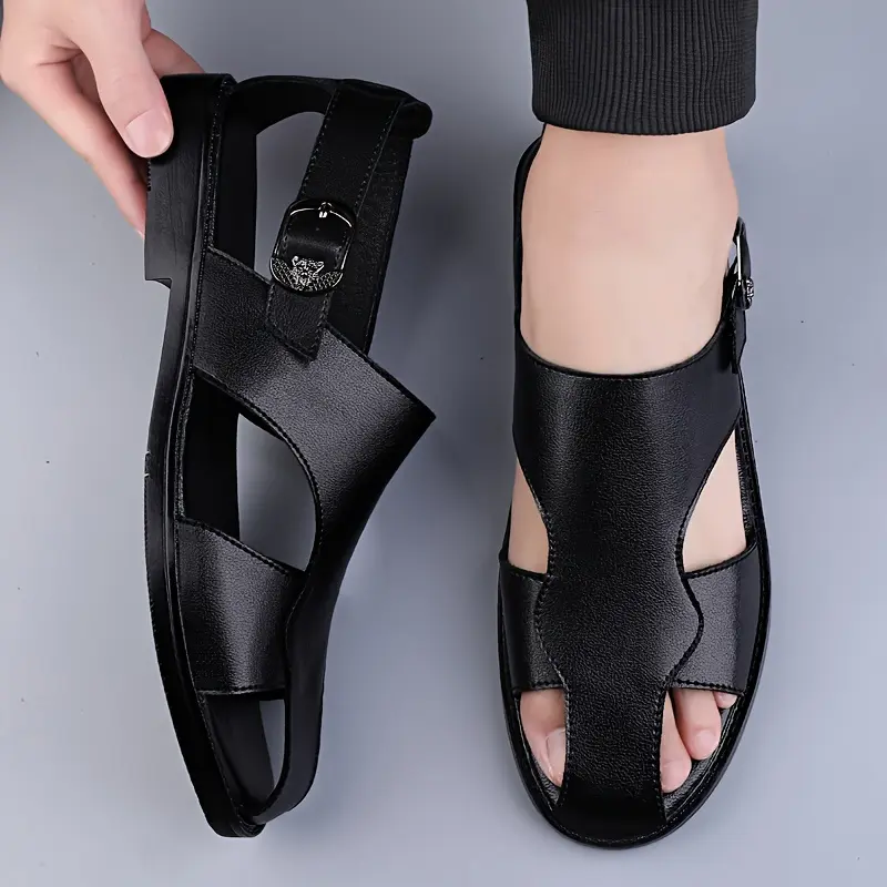 [Comfy Sandals] Comfy Men's Solid Color Close Toe Sandals | Non Slip Split Cow Leather Upper Rubber Sole Walking Shoes, Men's Summer Footwear Boy Casual Black