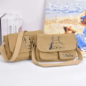 Khaki Cartoon Pattern Man Canvas Satchel Bag, Japanese Handbag,Birthday/Valentine's Day Gift