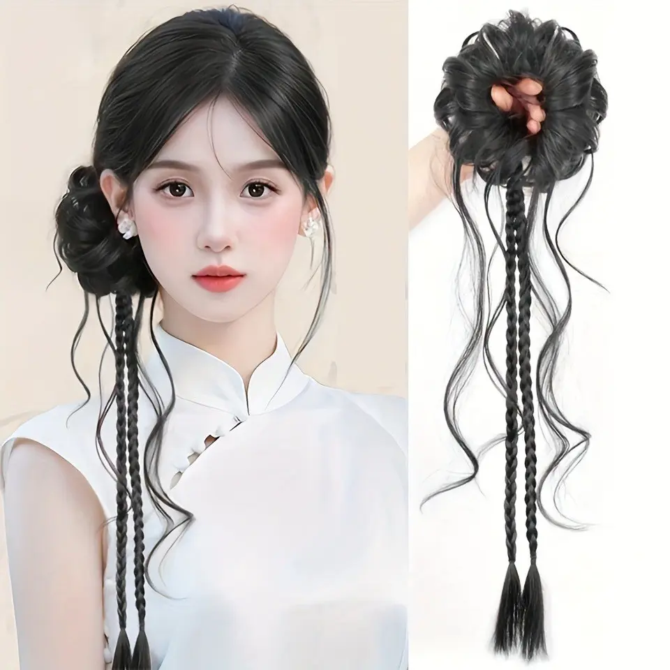 Traditional Chinese Hanfu Wig, Ancient Style Side-Bound Dragon Beard Bun, Twisted Braids and Wavy Ponytail, Qipao Hair Accessory, Cultural Events