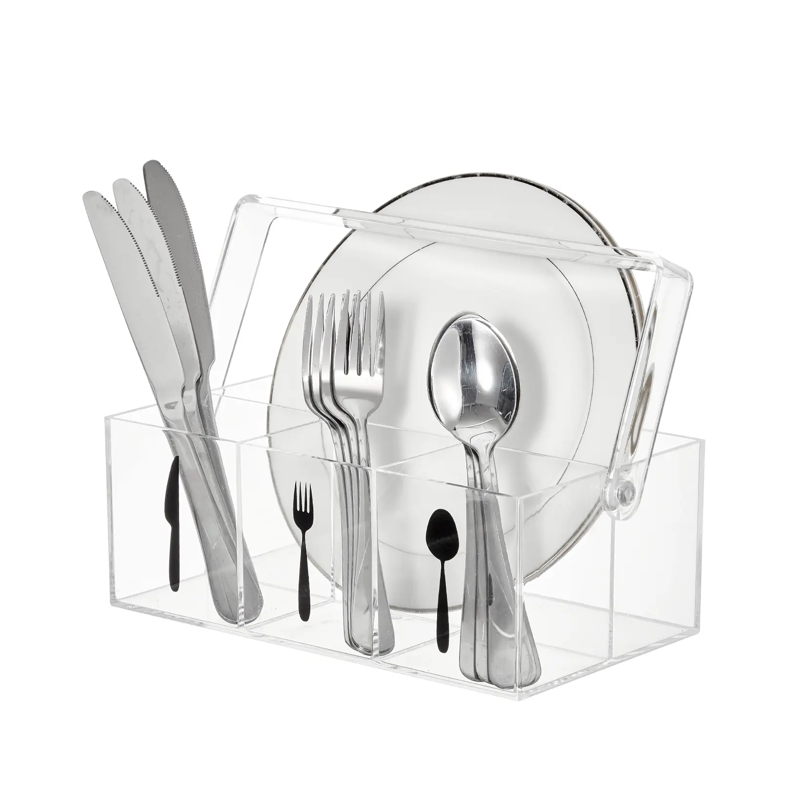 Acrylic Utensil Caddy, Plastic Silverware Organizer and Flatware Holder  with Handle, Paper Plate Dispenser for Kitchen Countertop,Outdoor Picnic, Parties