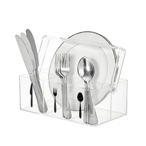 Acrylic Utensil Caddy, Plastic Silverware Organizer and Flatware Holder  with Handle, Paper Plate Dispenser for Kitchen Countertop,Outdoor Picnic, Parties