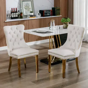 Bellemave Nikki Collection Modern High-end Tufted Solid Wood Contemporary Velvet Upholstered Dining Chair with Golden Stainless Steel Plating Legs Nailhead Trim Set of 2 Beige and Gold SW1601BG
