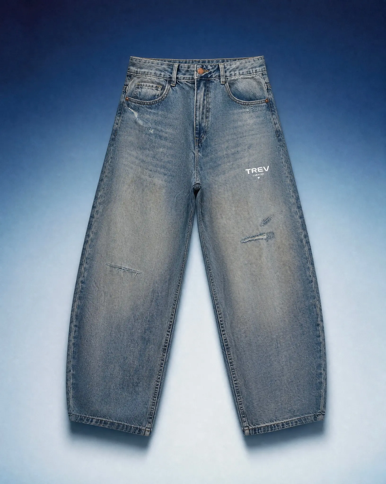 TREV Curated Men's Relaxed Fit Barrel Leg Jeans, Thick 10oz Washed Cotton Blend with Distressed Rips