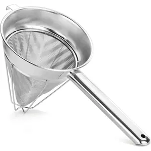 Reinforced Bouillon Strainer, 8-Inch, Fine Mesh, 18/8 Stainless Steel, Commercial Kitchen Strainer for , Sauces, Soups, and Purees