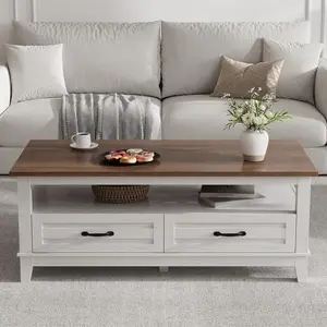 Gaomon 47.2-Inch Rustic Walnut Wood Farmhouse Coffee Table - Waterproof, Natural Grain, Ample Storage, Elegant White Design with Drawers, Rustic Charm, Simple Setup