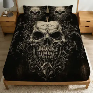2/3 Pcs Skull Art Tattoo Design Theme Pattern Bedding Fitted Sheet Set(1* Fitted Sheet+1/2* Pillowcase,core-free),machine Washable,zipper Seal,multiple Sizes Suitable For All Seasons,suitable For Bedrooms,perfect Gift Festivals