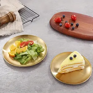 2pcs, Golden Pizza Plates, Stainless Steel Dinner Plate, Round Golden Tray, Food Serving Plate, For Home Kitchen, Restaurant, Party Use