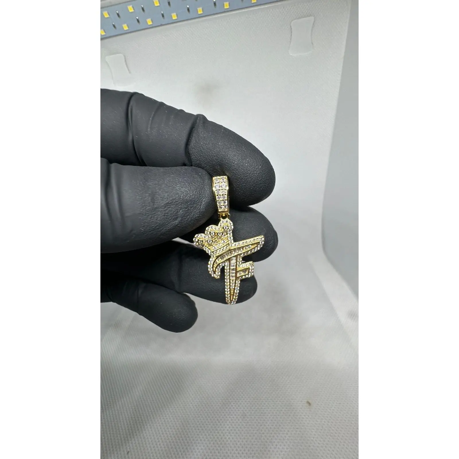 925 Real Silver Personalized Initial Letter F Pendant - Golden Ice, Cubic Zirconia Shimmering Fully Encrusted Design with Crown Accent for 925 Real Silver Necklaces & Jewelry Accessories, Iced Design, 925 Real Silver Necklaces & Pendants