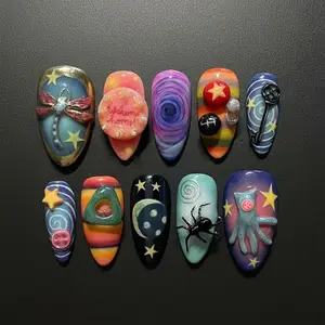 Coraline Inspired Press On Nails | Fantasy Galaxy Nail Art | Handmade 3D Button & Star Nails | Unique Cosmic Nail Set