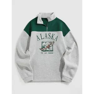 Men's Patchwork Letter & Eagle Print Quarter Zip Sweatshirt, Fall Clothes,?Casual Regular Fit Long Sleeve Stand Collar Pullover for Fall , Men's Fall Clothes for Daily Back To School Wear Hoodie Menswear Tops Multicolor