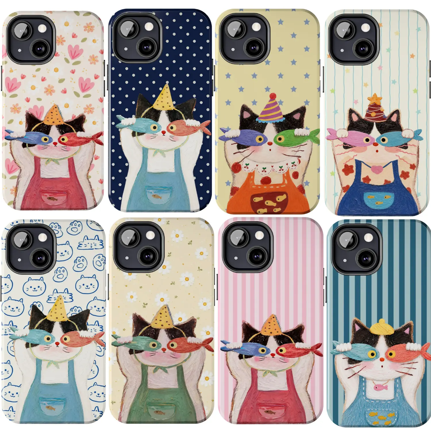 Cute Orange Holding Fish Eyes Phone Case, Whimsical Cat and Fish Oil Painting Art Aesthetic iPhone 17 16 15 14 13 12 11 X 8, Kawaii Polka Dot Stripe Shell, Pastel Pattern Cover, Trendy Cartoon Pet Gift