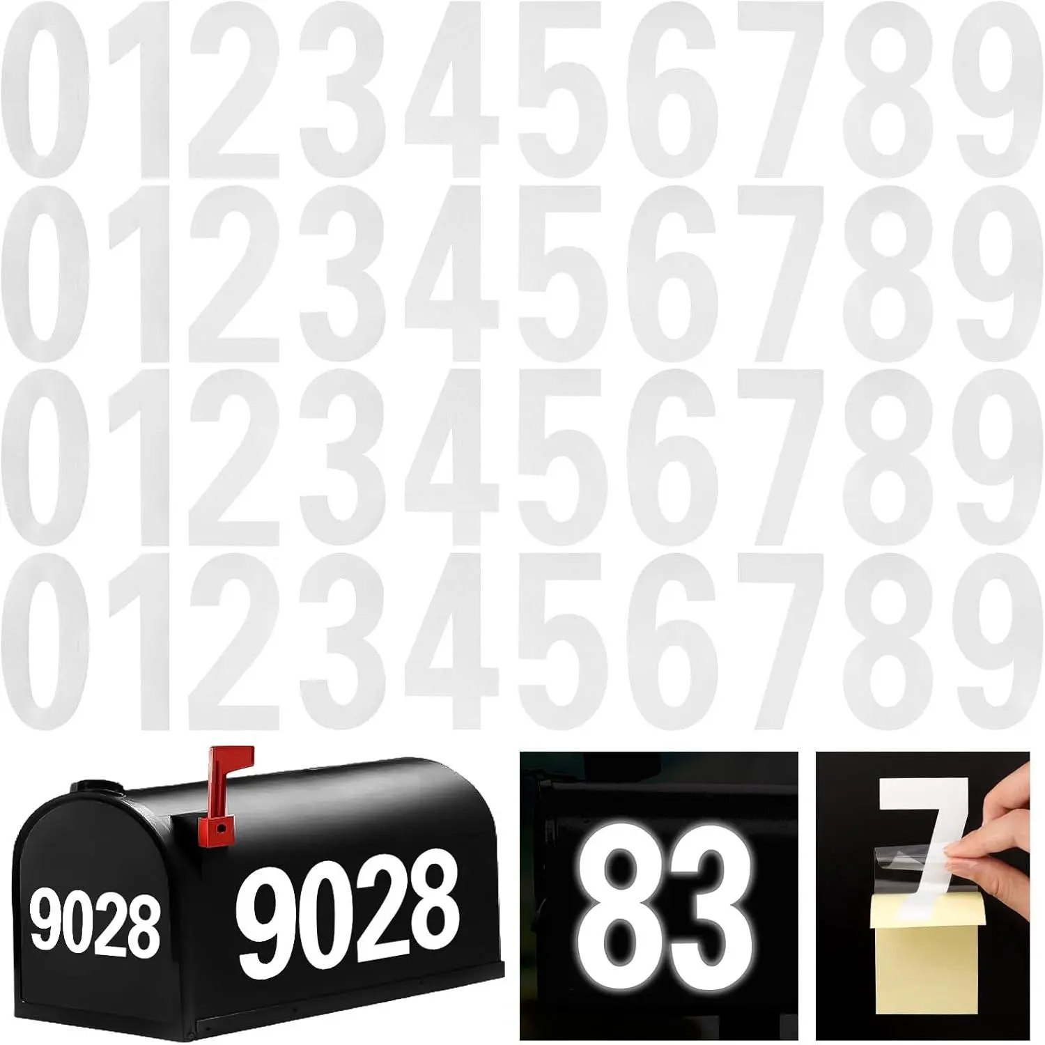 Reflective Mailbox Number for Outside, 4 Inch 4 Sets Vinyl  White Mailbox Numbers Stickers,  Self-adhesive House Adress Numbers for Mailbox Door Signs  (Number 0-9)
