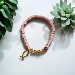 Pink Heishi Bead Bracelet with Ichthus Charm