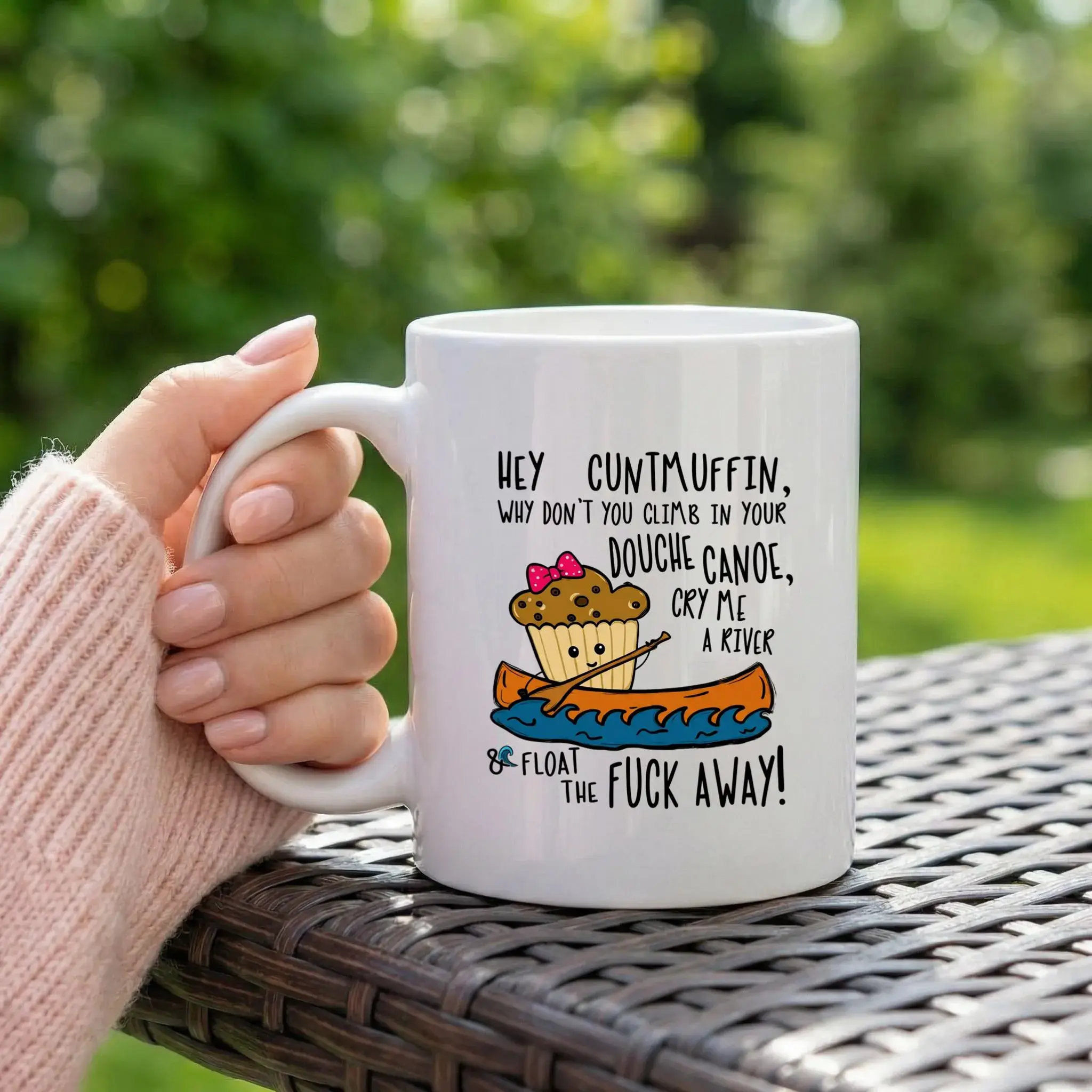 Funny Sweary Mug with Muffin Canoe Cartoon, Rude Adult Humor Coffee Cup, Gift for Best Friend Coworker, Ceramic 11Oz Mug