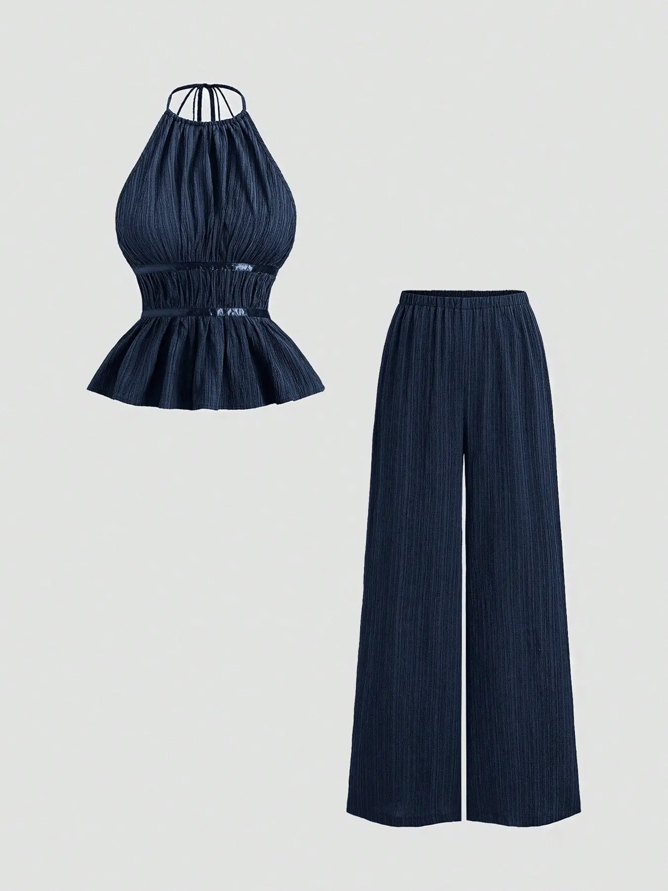 2 piece Halter Neck Sleeveless Peplum Top with Wide Leg Pants，Elegant Chic Daily Outfit Womenswear Style Elegance