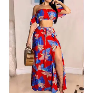 Tropical print crop top high slit maxi skirt set
