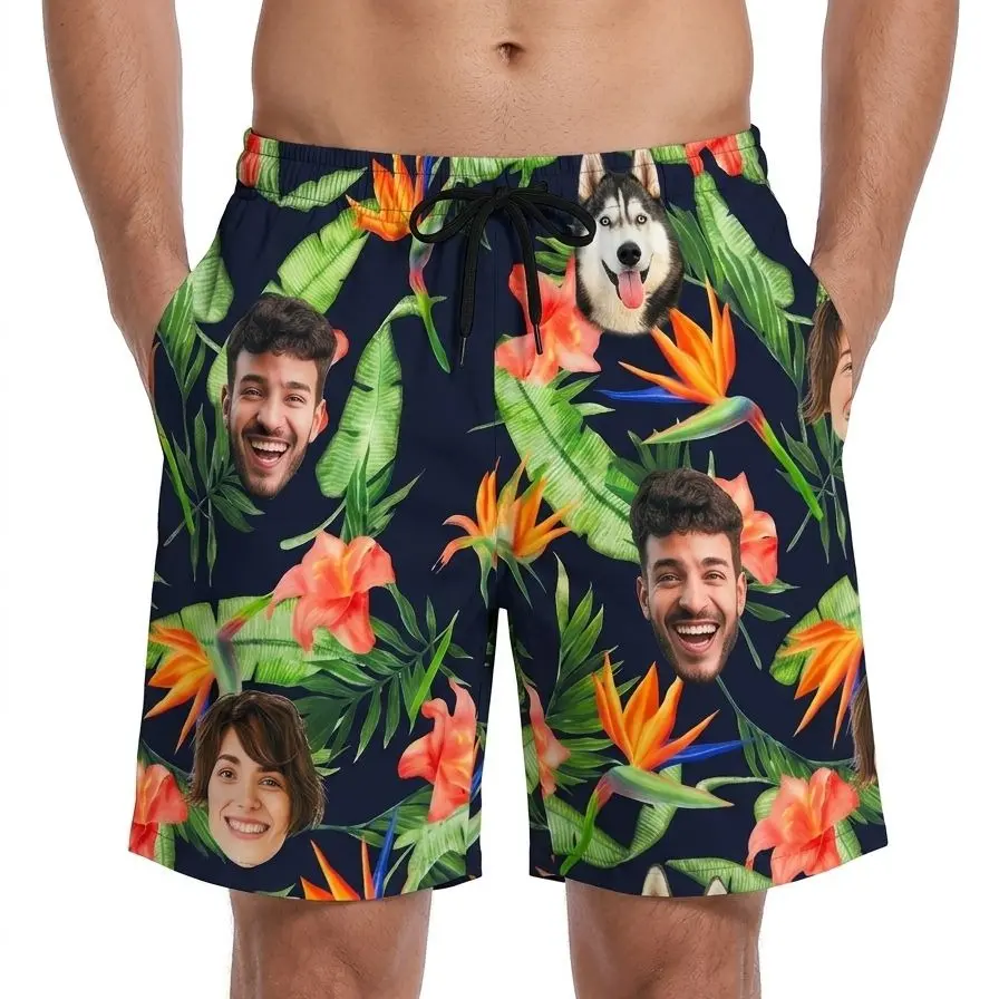 Custom Face Hawaiian Trunks Personalized Tropical Beach Shorts with Photo Print, Funny Customized for Couples, Quick-Dry Lightweight Board Shorts for Summer Vacation, Beach Party, Honeymoon, Unisex Casual Shorts with Custom  Unique Gift for Partner