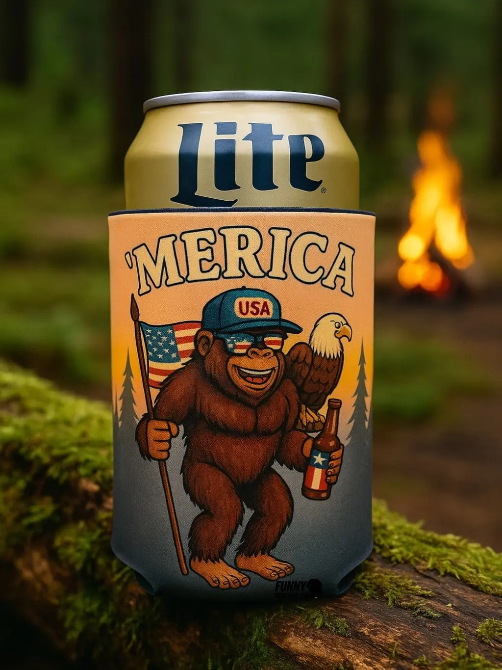'MERICA Bigfoot Beer Koozie – Funny Patriotic Can Cooler w/ Eagle & Flag | Keeps Drinks Cold | Perfect for BBQs, Tailgates, Pool Parties
