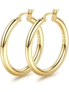 14K Gold Plated Chunky Hoop Earrings for Women With 925 Sterling Silver Post Hollow Tube Hoops Earrings 4mm Thick Hoop Earrings Hypoallergenic Lightweight Large Hoop Earrings 25/30/40/50/60/70MM