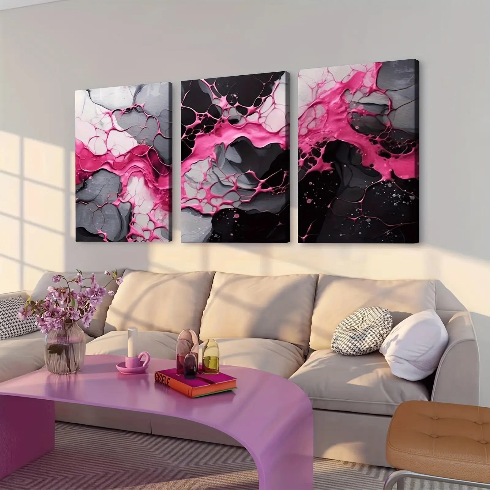 3-Pc Pink Abstract Canvas Art Set with Wood Frame & Hanging Hardware, Modern Elegant Living Room Decor, Colorful Decorative Prints, UV-Resistant Ink, Premium Canvas  for Bedroom, Decor Inspo, 3‑Pc Art Set Wall Art Decoration Aesthetic Design