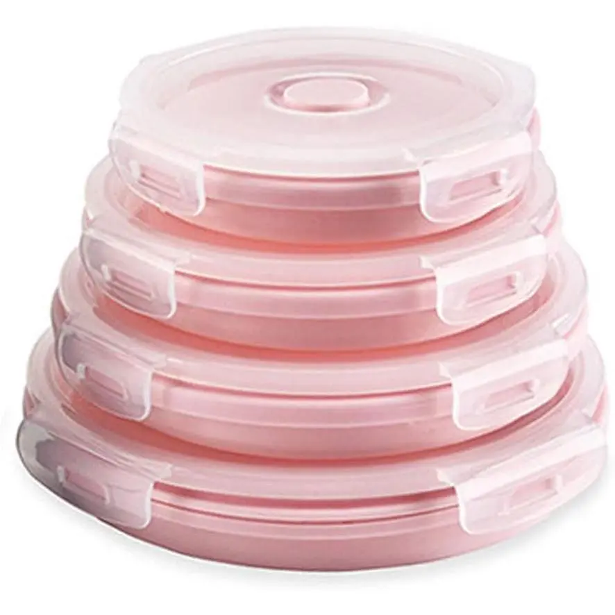 Collapsible  Storage Containers-Prep/Storage Bowls with Lids - Set of 4 Round  Lunch Containers - Microwave and Freezer  Containers(pink)