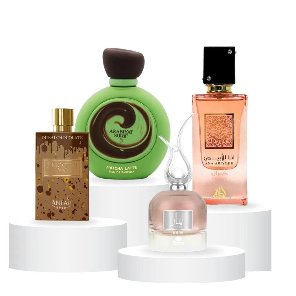 Oudlash Bundle | Anfar Biscotti Truffle + Lattafa Ana Abiyedh Coral + Zakat Lamar Nude + Arabiyat Sugar Matcha Latte | Women's Fragrance | 100 ML - 3.4 OZ | Eau De Parfum | Watermelon & Peach - Orange