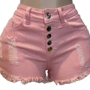 Pink Denim Shorts for Women - Sexy Ripped Design with Elastic Waistband & Frayed Hem Detailing - Machine Washable Casual Chic Bottoms