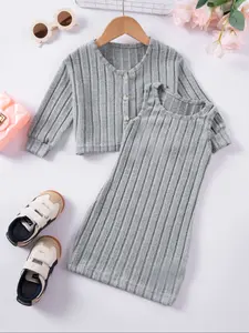 Toddler Girls' Knitted Cardigan Dress Set, Striped Fabric Long Sleeve Top & Sleeveless Dress, Suitable for 3-7 Years, Girl Clothes School, Spring & Fall