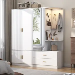 Spacious LED Closet w/ Mirror, 5 Doors,  4 Hooks,2 Drawers & Shelves – Modern Wardrobe for  Room