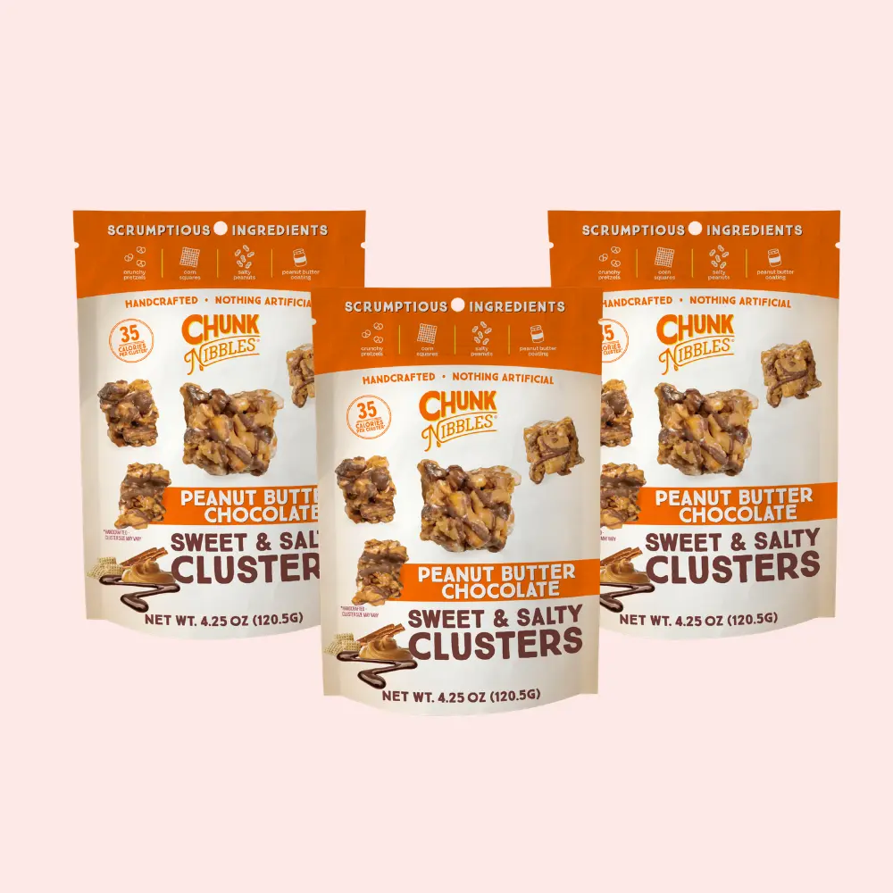 Chunk Nibbles Peanut Butter & Chocolate Snack Clusters | 3 Pack | 4.25oz Bags | Sweet & Salty Cluster Bites Chunk Nibbles Peanut Butter & Chocolate Snack Clusters | 3 Pack | 4.25oz Bags | Sweet & Salty Cluster Bites