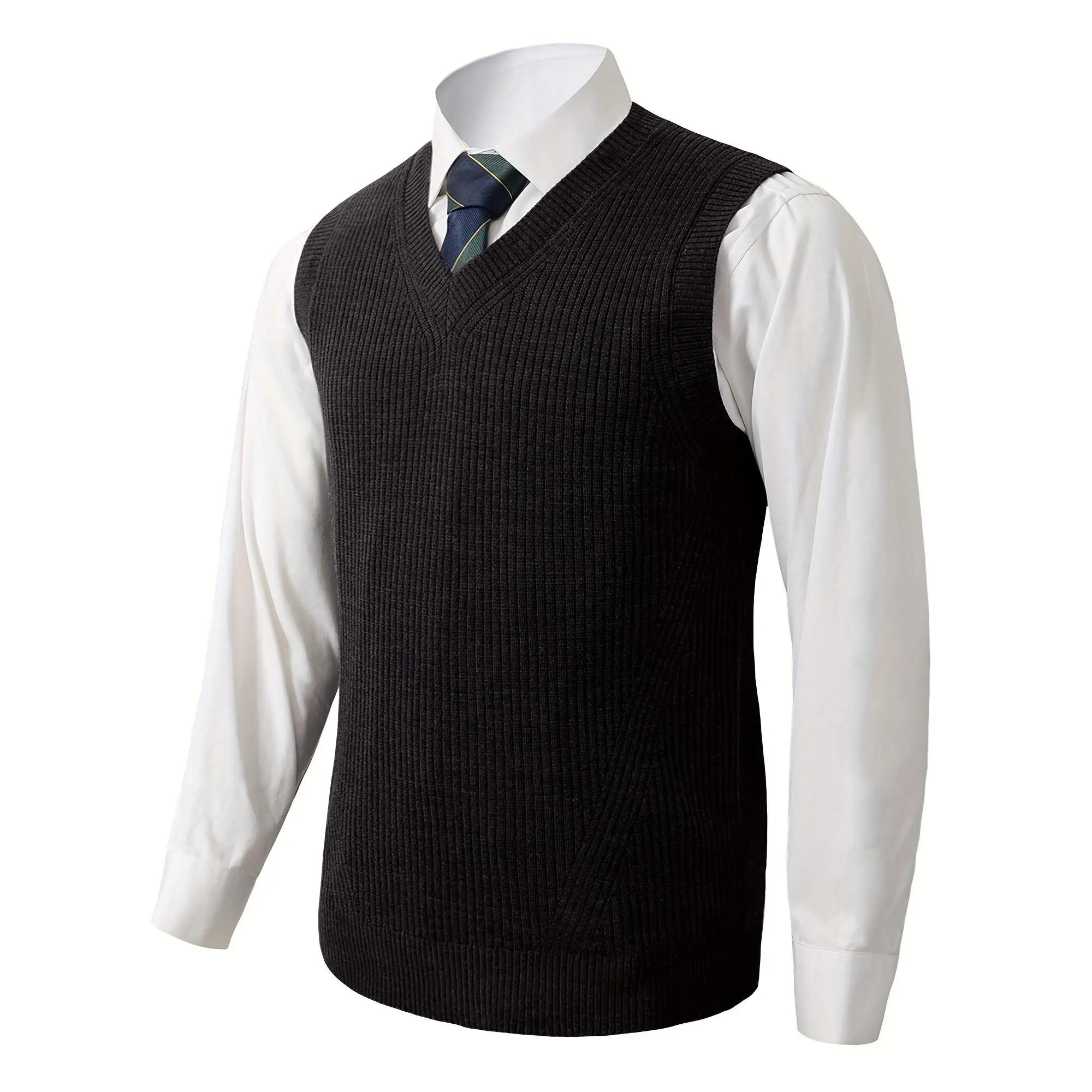 Mens V-Neck Plain Knitted Sweater Vest - Sleeveless Loose-Fit Pullover Knitwear Tops for Menswear