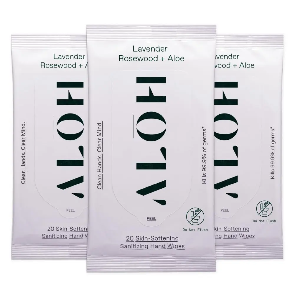 ALOH Hand Sanitizing Wipes 60ct (3-Pack), Lavender Rosewood – 99.9% Germ Protection