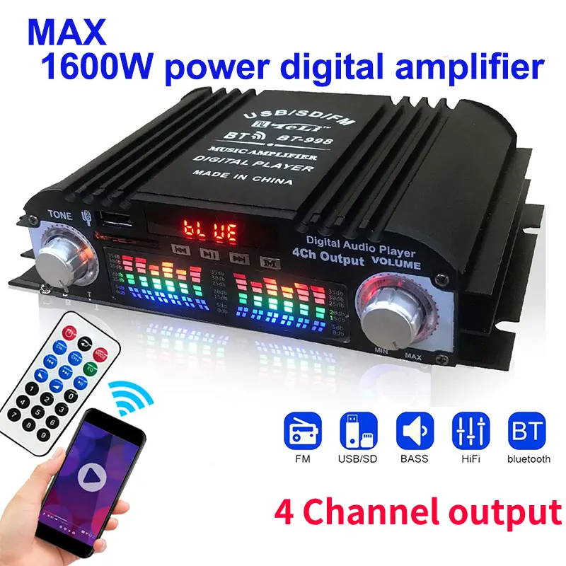 1600W Peak Power HiFi Digital 4-Channel Multi-Channel Amplifier - Bluetooth Karaoke Player with FM Radio, USB, Adapter, Card Support, Remote Control, Subwoofer Control & Crossover Electronics, Multi-Channel Amplifiers
