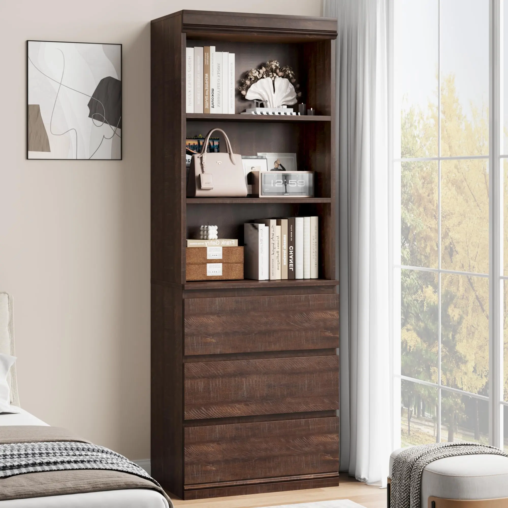 Garvee 70.27" Tall Bookcase with Drawers, Farmhouse Wooden Bookshelf with 3 Drawers & Open Shelves, Storage Cabinet Organizer for Living Room, Study, Kitchen, Home Office-Brown