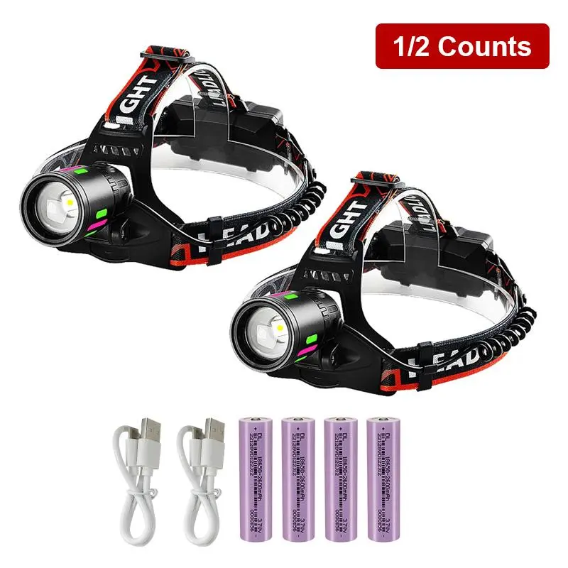 Rechargeable Headlamp, 1/2 Set Bright Rechargeable Head Lamp, Zoomable Headlamp with Warning Light & Fluorescent Light Bar for Mountaineering, Hiking, Fishing & Working