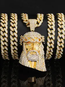 Rhinestone Decor Jesus Head Pendant & Cuban Link Chain Necklace, Hip Hop Style Jewelry for Party, Daily Clothing Decor, Trendy All-match & Exquisite Jewelry for Birthday Gift