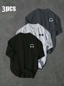 Men & Women Trendy Sports Letter Print Round Neck Casual Short Sleeve Running Gym Workout Tee, Earphone Dumbbell Gym Pattern, Summer Essential, Activewear T Shirt, Gym T Shirts