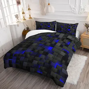 3D Blue & Black Cube Comforter Set - Durable Material Comfy Bed Sets, 1 Quilt + 1/2 Pillowcases, Modern Geometric Gaming Bedding for Teens & Gamers, Ideal for Bedrooms, Dorms & Guest Rooms