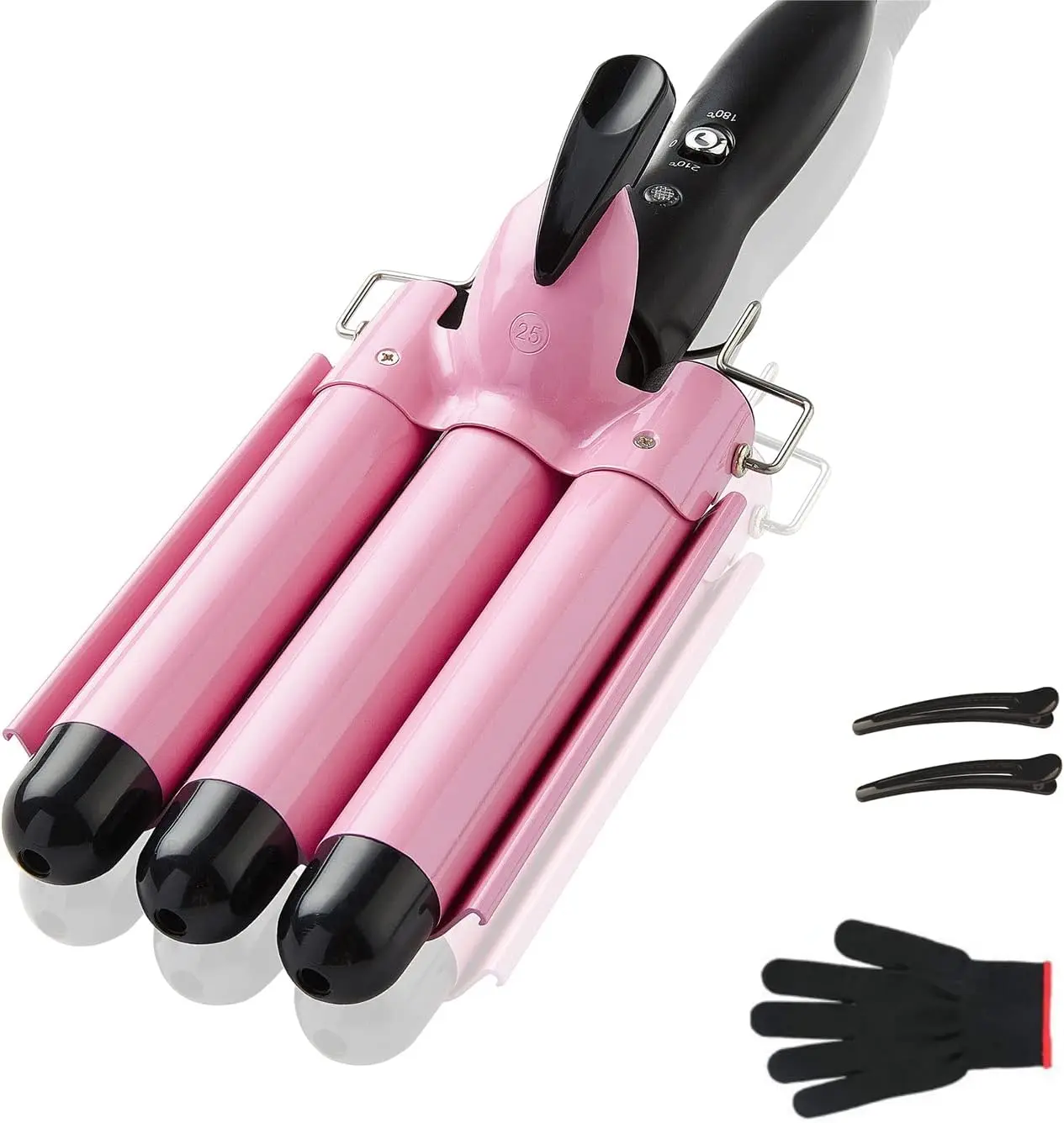TOP4EVER 3 Barrel Curling Iron, 1 inch Crimper Hair Tool,Crimping Waver for Women Beach Waves with Two Temperature Settings, Pink