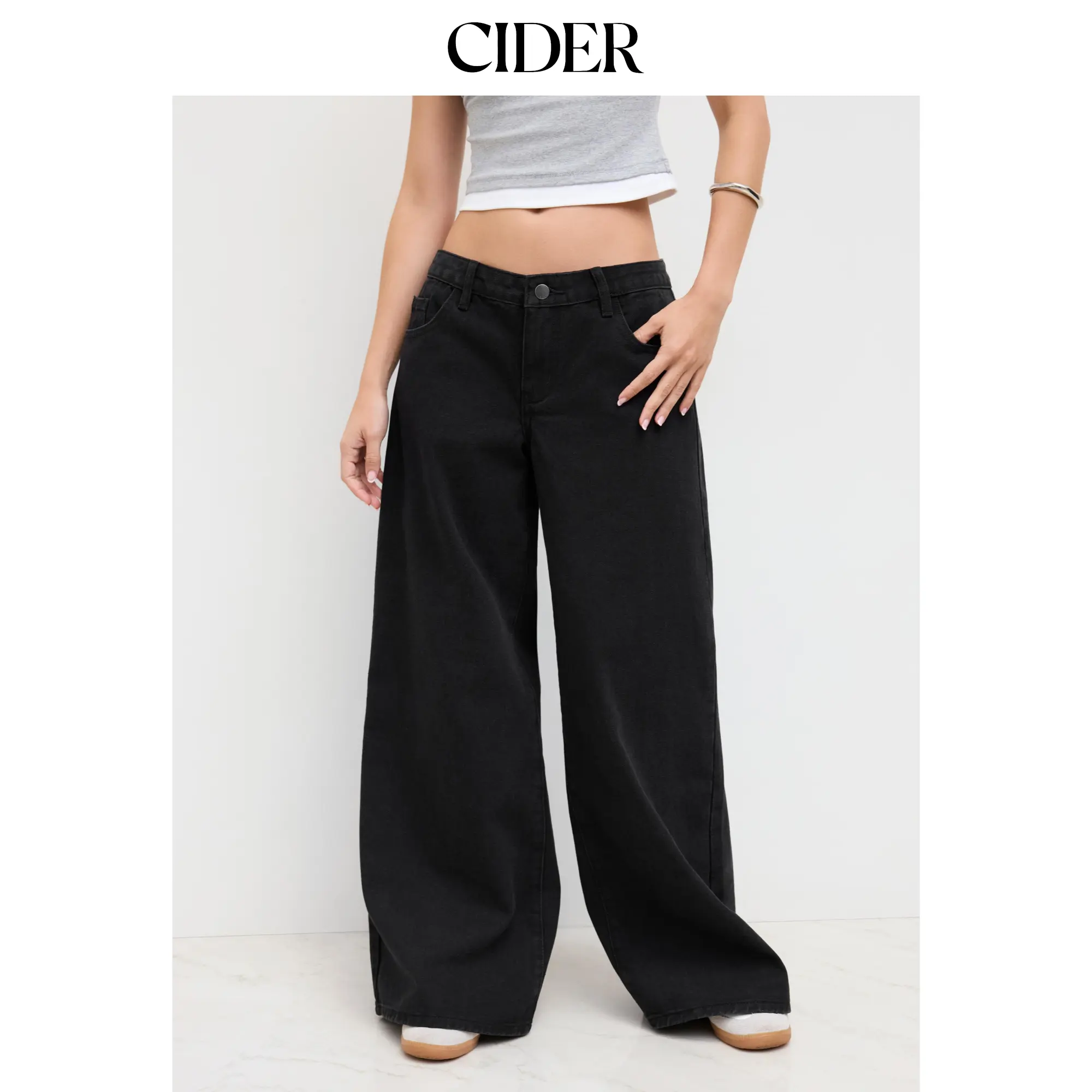 Cider Women's Low-Rise Oversize Full-Length Denim Bottoms, Casual Baggy Denim Pants