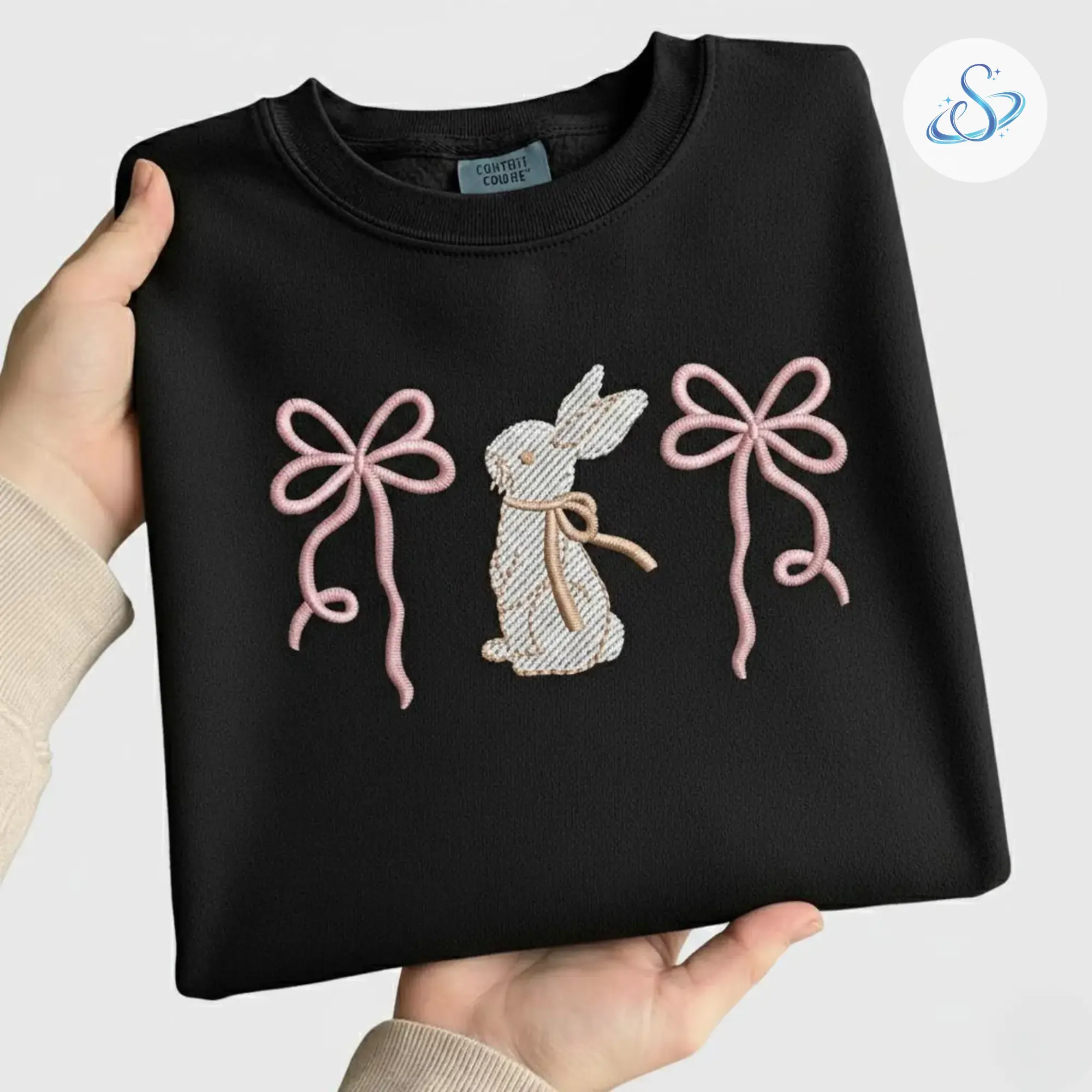 Bunny and Bow Embroidered Easter Sweatshirt, Cute Coquette Rabbit Crewneck, Pastel Spring Pullover for Women, Girly Holiday Outfit, Soft Aesthetic Gift for Easter Lovers