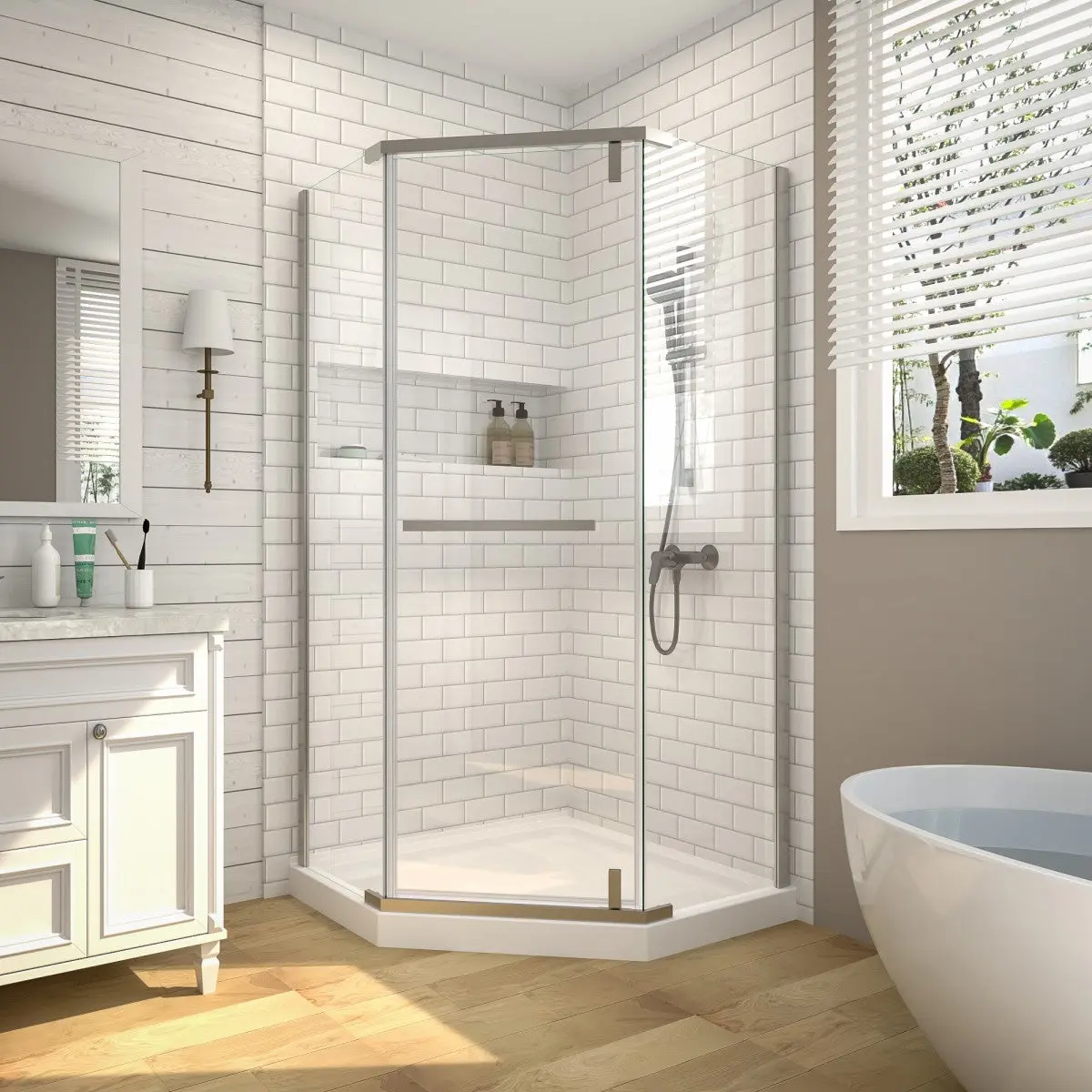 Prism Neo-Angle Frameless Shower Door 38 in. W x 72 in. H Corner Shower Enclosure with 6mm Clear Glass,Pivot Shower Doors,Brushed Nickel