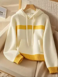 Women's Casual Knit Hoodie Pullover Sweater, Long Sleeve, Patchwork Design, Side Pockets, Fitted Style, Fall Winter Wear, Womenswear