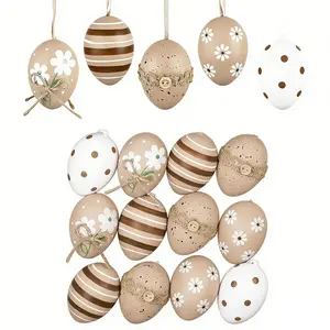 12Pcs Plastic Easter Eggs Ornaments Tree Decoration, Home Decor Ornament, Neutral Beige White Easter Eggs Bulk, Shatterproof Decorative Hanging Decorations for Spring Holiday Party Decor